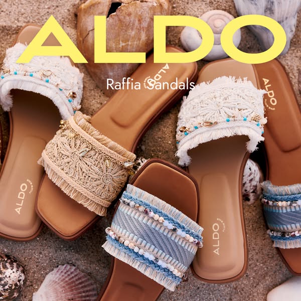 This ad showcases Aldo's Raffia Sandals. It highlights the sandals' stylish design and promotes them as a desira