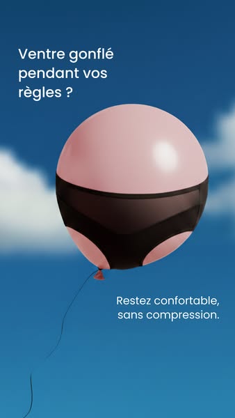 This image ad features a pink balloon with dark underwear on it to represent the feeling of being bloated on your period