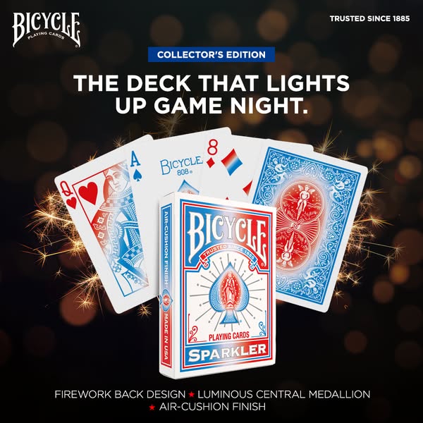 This ad promotes a Collector's Edition Bicycle Sparkler playing card deck, showcasing its unique firework back desig