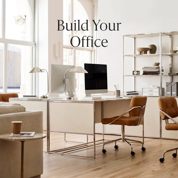 An interior design ad featuring office furniture.