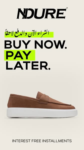 This ad for NDURE footwear presents a loafer with a 'buy now, pay later' payment option and interest-free instal