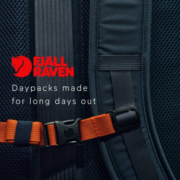 This ad showcases the Fjallraven daypack, emphasizing its suitability for long days out. The image focuses on the backpa