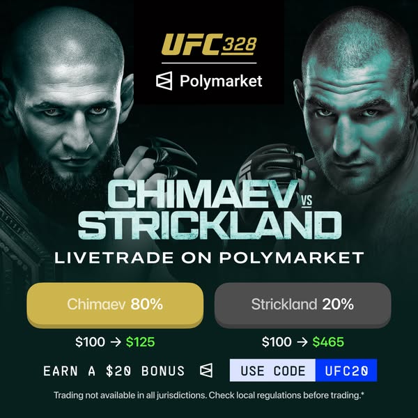 This ad promotes live trading on Polymarket for the UFC 328 event, featuring a matchup between Chimaev and Strickland. T