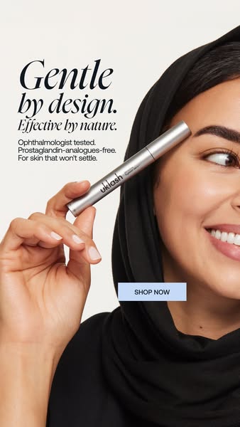 This ad for Uklash features a woman holding the product, with text that describes it as gentle, effective, and opthalmol