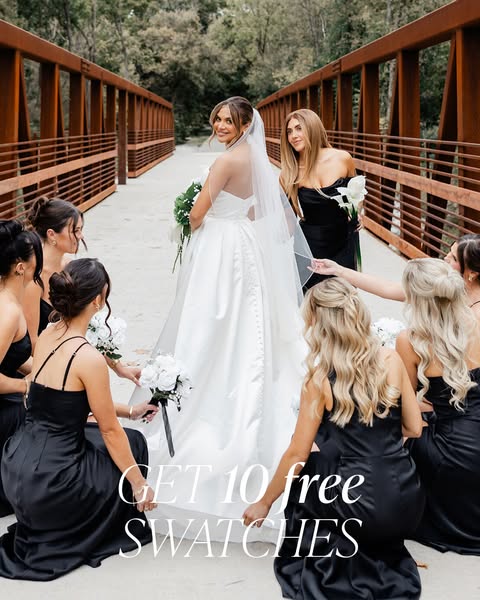 This image ad promotes fabric swatches for custom bridesmaid dresses, by displaying a bride with her bridesmaids in form