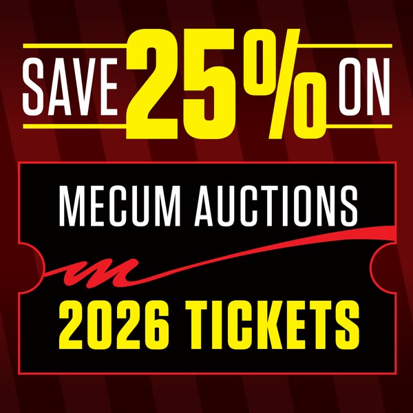 The ad promotes a limited-time discount on Mecum Auctions 2026 tickets. The design features a bold, high-contrast visual