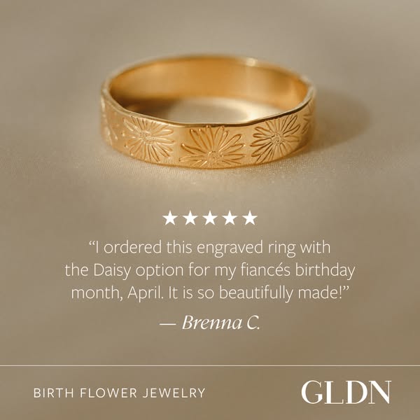 This image ad features a piece of jewelry from GLDN's birth flower jewelry line. The product is a gold ring engraved