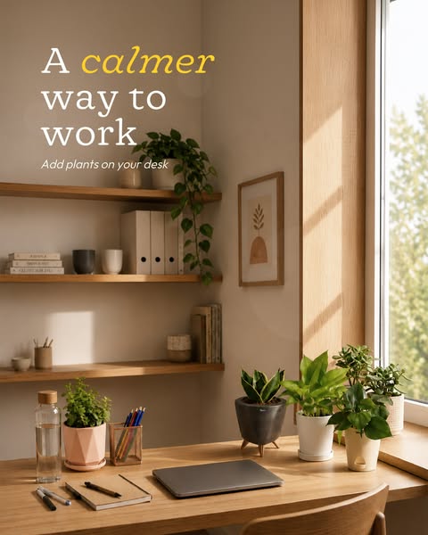 This image ad encourages consumers to create a calmer workspace by adding plants to their desks.