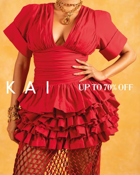 This ad for KAI features a person in a red dress to promote a sale of up to 70% off.