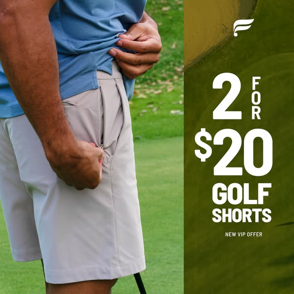 This image ad for Fabletics promotes a new VIP offer of 2 pairs of golf shorts for $20. The ad features a close-up shot 