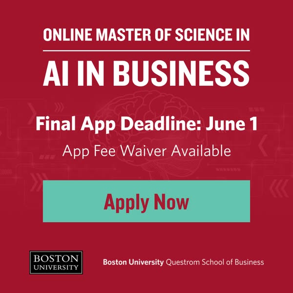 This image ad is for Boston University's Questrom School of Business online master of science in AI in Business prog