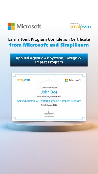 This image ad promotes a joint program completion certificate from Microsoft and Simplilearn, highlighting the Applied A
