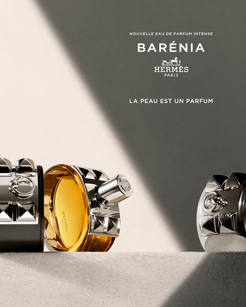 This image ad features the Barénia Eau de Parfum Intense from Hermès. The ad showcases the product's unique bottle d