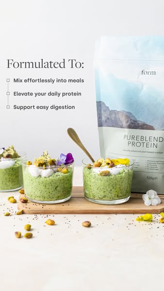 This ad features Form Pureblend protein powder. It lists three benefits of the protein powder and shows examples of how 