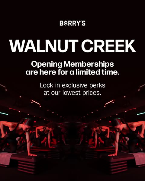 This ad from Barry's promotes a new location opening in Walnut Creek, CA with limited time opening memberships that 