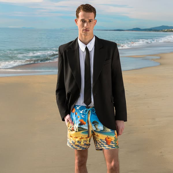 A male model is wearing a formal blazer with a white shirt and tie, but the shorts feature a surrealist apple landscape,