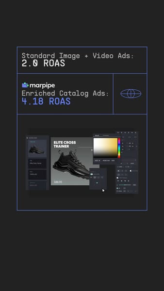This ad compares the ROAS of standard image and video ads to Marpipe's enriched catalog ads. It uses a visual of an 