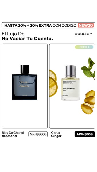 This ad showcases two Dossier perfume alternatives to designer fragrances. The ad presents a bottle of Dossier Citrus Gi