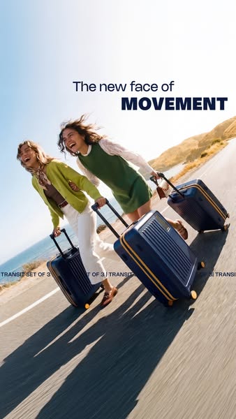 This image ad for Transit luggage features two young women happily rolling their suitcases down a sunny road, promoting 