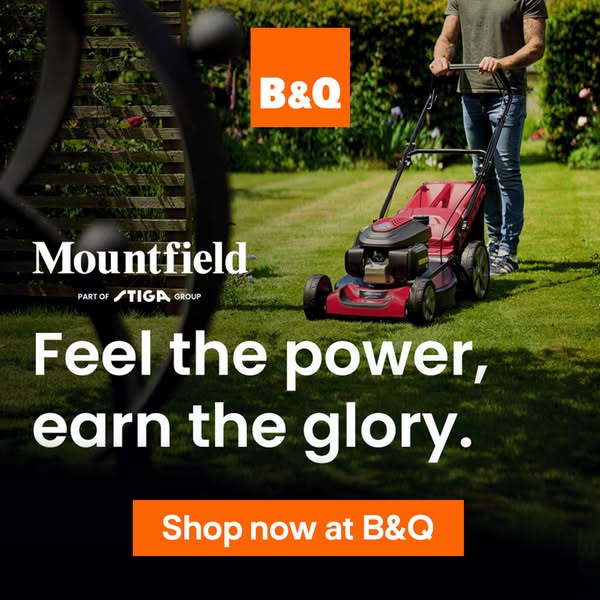 This ad features the Mountfield lawnmower, available at B&Q. The ad shows a person mowing a lawn with the product, a