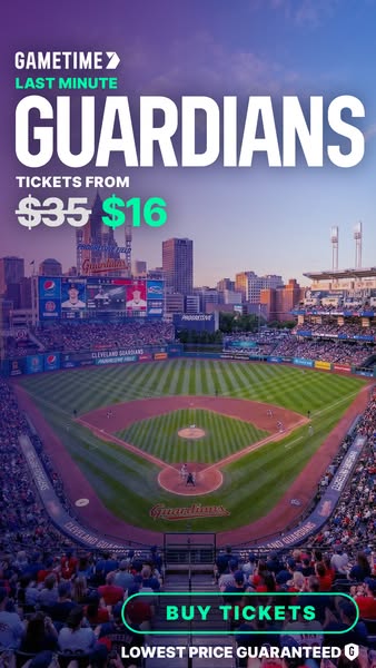 This image ad for GameTime promotes last-minute tickets for the Cleveland Guardians baseball team. It features a view of