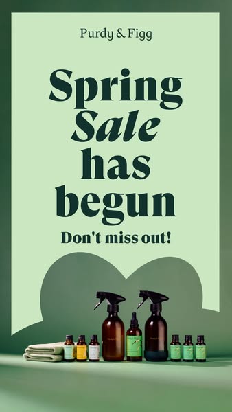 This image ad by Purdy & Figg promotes a Spring Sale. The ad features the brand's cleaning products and essentia
