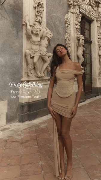 This PrettyLittleThing ad promotes a discount on almost everything as part of its French Days promotion. It features a m
