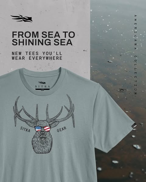 This ad features a close-up of a muted blue t-shirt with a graphic of a deer wearing American flag sunglasses. The ad us