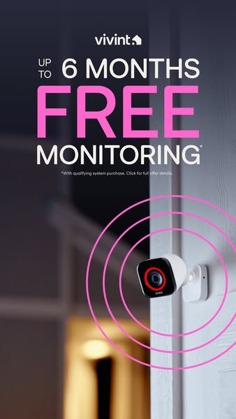 This ad promotes Vivint security systems by offering up to 6 months of free monitoring with a qualifying system purchase