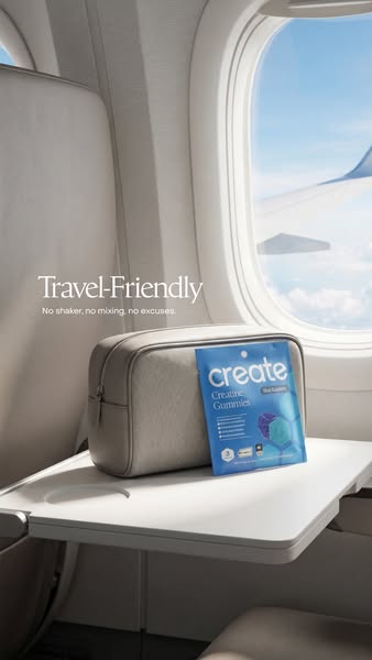 The image ad emphasizes the convenience and portability of Create Creatine Gummies, positioning them as a hassle-free al