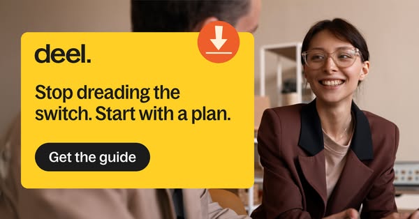 An image ad for Deel, promoting their services for businesses. The ad features a woman in a business suit smiling confid