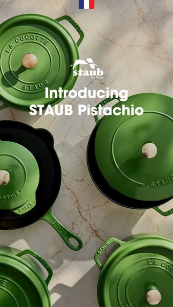 This ad showcases the Staub brand and introduces their new pistachio color for their cocottes and frying pans.