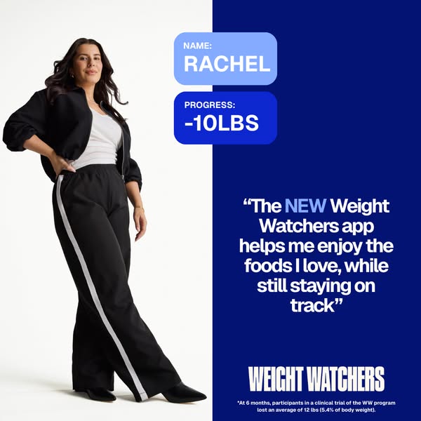 The ad features a Weight Watchers testimonial from a person named Rachel, who has lost 10 pounds using the new Weight Wa