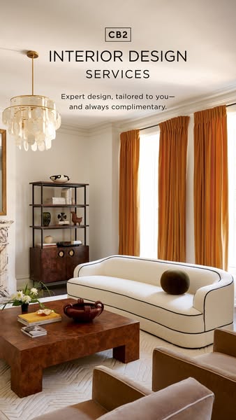 This ad for CB2 Interior Design Services showcases a modern living room setting. The ad promotes expert interior design