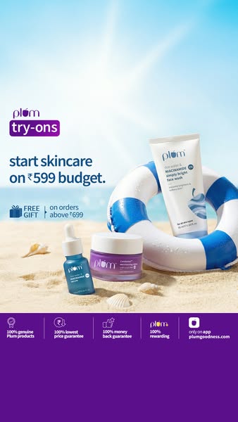 This Plum skincare ad highlights affordable skincare 'try-ons' starting at ₹599. It features a beachy theme with