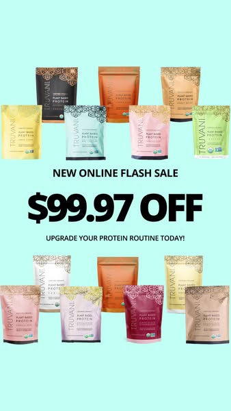 Ad featuring multiple bags of Truvani protein in various flavors with a large dollar discount.