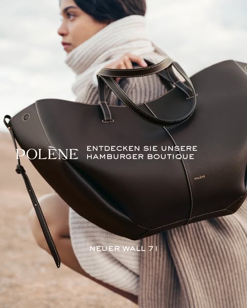 This ad for Polène features a single image of a dark brown leather handbag being carried by a person, and promotes the b