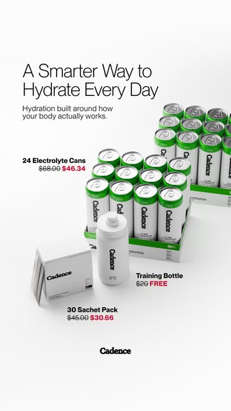 This image ad showcases Cadence's hydration products, including electrolyte cans, a training bottle, and sachet pack