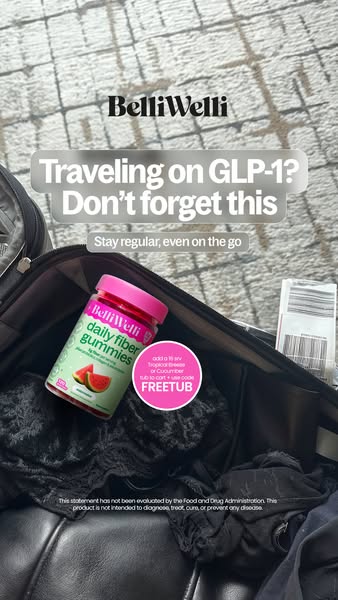 This ad is for BelliWelli daily fiber gummies that support regularity, especially when traveling. The image shows the Be
