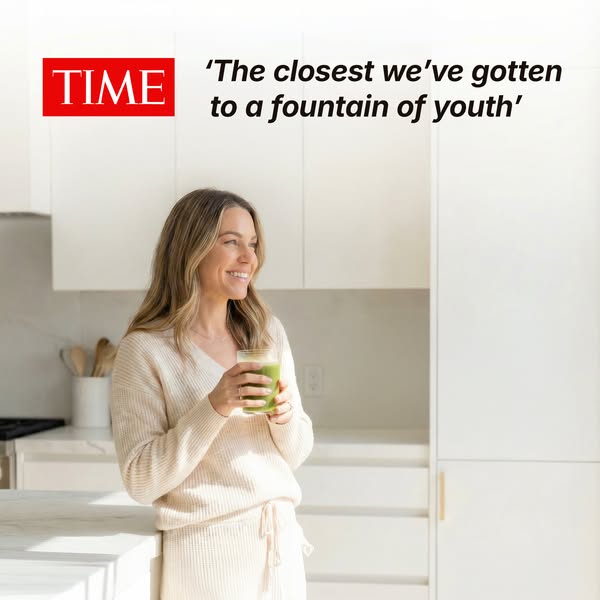 This ad features a woman holding a green drink. The ad showcases a quote from Time magazine calling the product the '