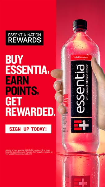 This ad for Essentia water highlights their reward program, enticing customers to buy Essentia water, earn points, and g