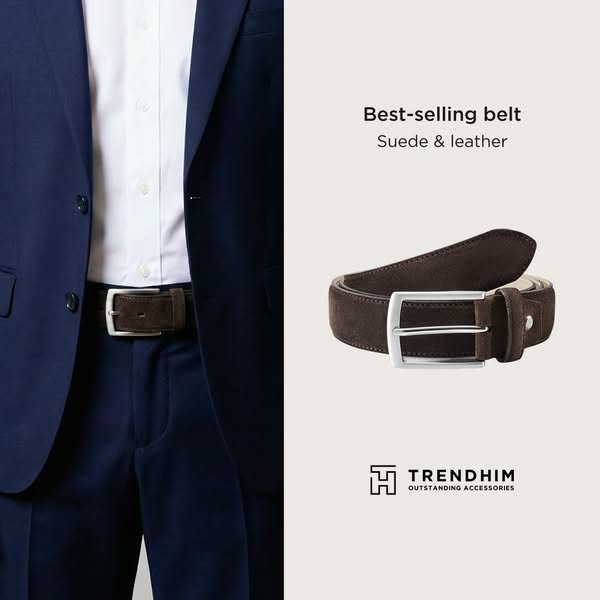 This image ad features a brown suede and leather belt by Trendhim. The ad highlights the belt's materials and positi