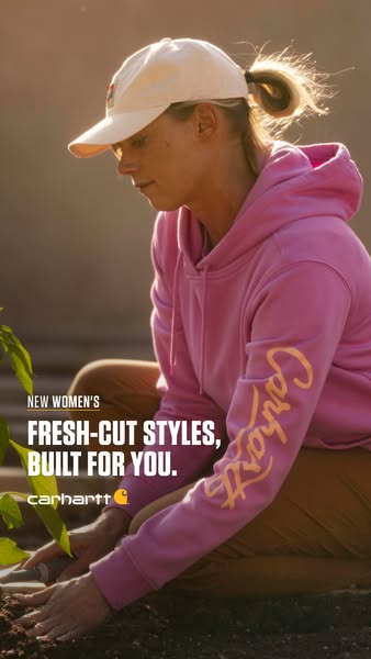 This ad features a woman gardening while wearing a pink Carhartt hoodie. The ad highlights the brand's new women'