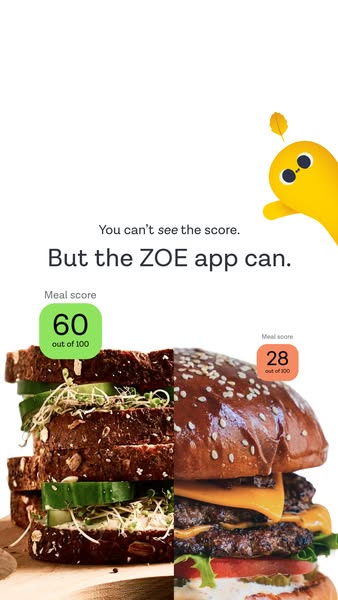 This ad for the ZOE app compares the nutritional value of a sandwich and a hamburger, with the sandwich having a higher 
