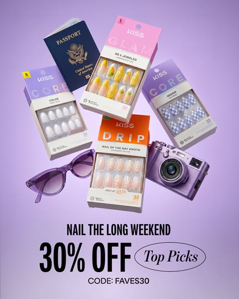 This ad for KISS brand nails promotes different press on nail styles that are 30% off for a limited time.