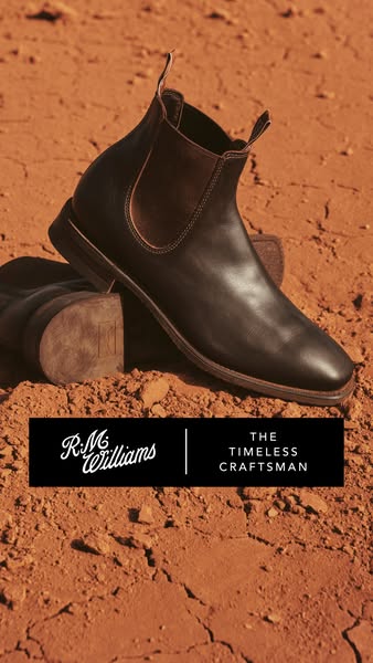 This image ad showcases a brown leather Chelsea boot from R.M. Williams, highlighting its quality construction and timel