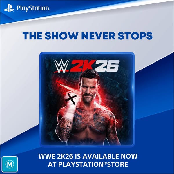 An ad promoting the availability of the WWE 2K26 game at the Playstation store.