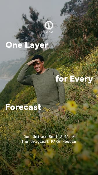 This image ad showcases the PAKA hoodie and positions it as the only layer you need for any forecast.