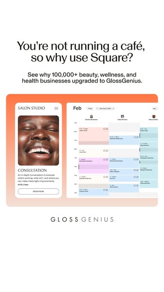 This ad highlights GlossGenius as a better alternative to Square for beauty, wellness, and health businesses by showcasi