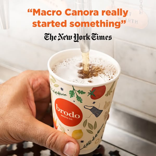This ad features a positive quote from The New York Times about Brodo broth company. The shot shows broth being dispense